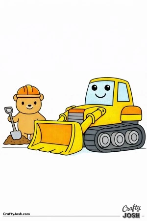 This bulldozer coloring page features a large construction vehicle with a wide front blade and a friendly bear wearing a helmet beside it