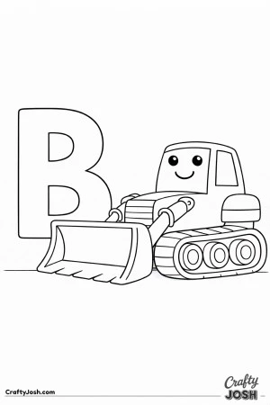 This bulldozer coloring page features a large side-view construction vehicle next to a bold uppercase letter B