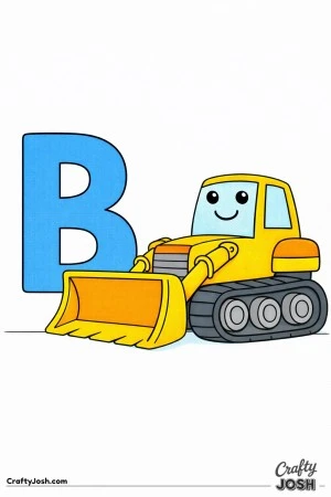 This bulldozer coloring page features a large side-view construction vehicle next to a bold uppercase letter B