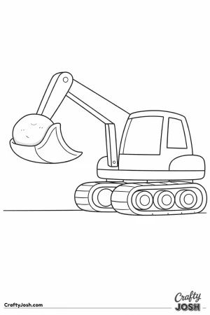 This digger coloring page shows a large excavator lifting a big rounded rock in its bucket