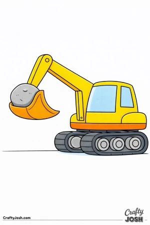 This digger coloring page shows a large excavator lifting a big rounded rock in its bucket