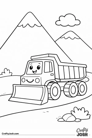 This simple dump truck coloring page shows a large truck with an open bed driving along a winding road between tall mountains