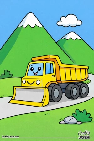 This simple dump truck coloring page shows a large truck with an open bed driving along a winding road between tall mountains