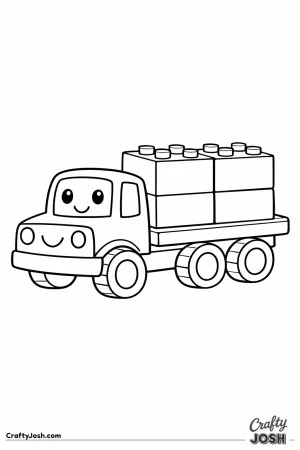 This simple flatbed truck coloring page shows a large construction truck carrying big stacked building blocks in bold, easy-to-color shapes