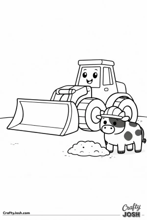 This simple wheel loader coloring page features a large construction vehicle with a big front bucket and a friendly cow wearing a helmet standing ..