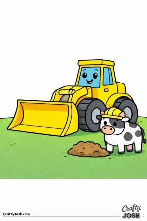 This simple wheel loader coloring page features a large construction vehicle with a big front bucket and a friendly cow wearing a helmet standing ..