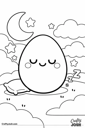 A large egg with a cute sleepy face rests on a pillow under a crescent moon and stars in a simple night sky scene
