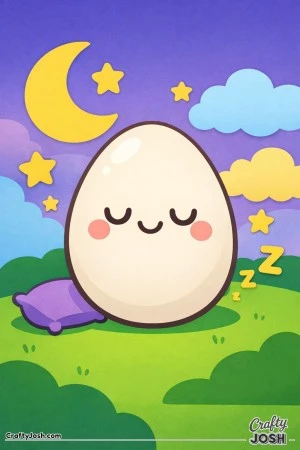 A large egg with a cute sleepy face rests on a pillow under a crescent moon and stars in a simple night sky scene