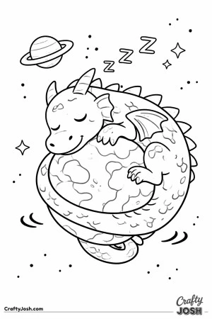 A friendly purple dragon is sleeping while curled around a small planet in outer space, with stars and a ringed planet nearby