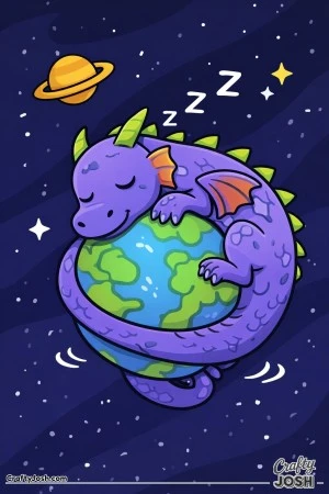 A friendly purple dragon is sleeping while curled around a small planet in outer space, with stars and a ringed planet nearby