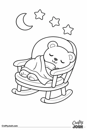A sleepy teddy bear is curled up in a rounded rocking chair with a blanket over its lap while a crescent moon and three stars shine above