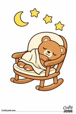 A sleepy teddy bear is curled up in a rounded rocking chair with a blanket over its lap while a crescent moon and three stars shine above