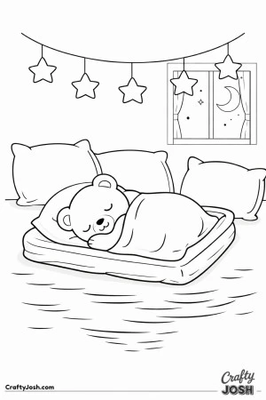 A sleepy teddy bear lies curled under a blanket on a floor mattress surrounded by oversized pillows, with a star garland and a moonlit window above