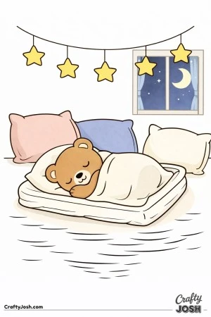 A sleepy teddy bear lies curled under a blanket on a floor mattress surrounded by oversized pillows, with a star garland and a moonlit window above