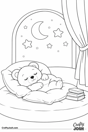 A sleepy teddy bear is curled up on a window seat cushion with a rounded pillow, bedtime books nearby, and a moonlit sky visible through an arched ..