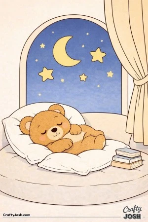 A sleepy teddy bear is curled up on a window seat cushion with a rounded pillow, bedtime books nearby, and a moonlit sky visible through an arched ..