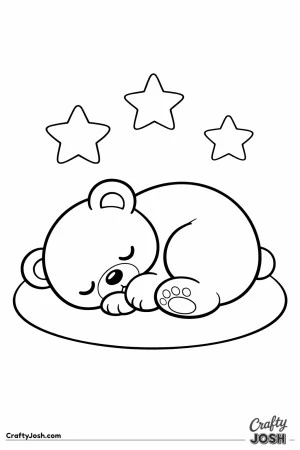 A sleepy teddy bear curls into a ball on a round rug with three oversized stars floating above