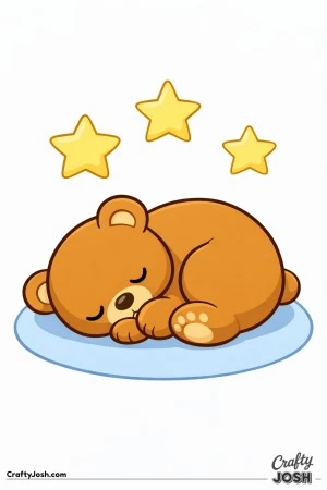 A sleepy teddy bear curls into a ball on a round rug with three oversized stars floating above