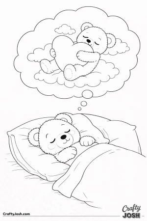 A sleepy teddy bear lies on its back on a large pillow while a dream cloud above shows the bear hugging a giant heart-shaped pillow among soft clouds
