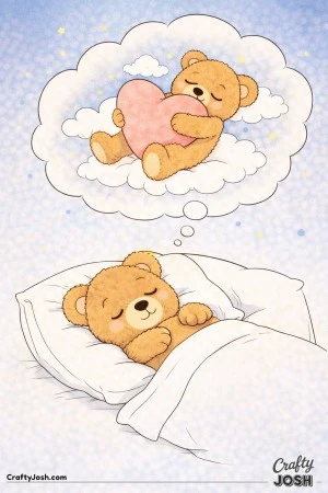 A sleepy teddy bear lies on its back on a large pillow while a dream cloud above shows the bear hugging a giant heart-shaped pillow among soft clouds