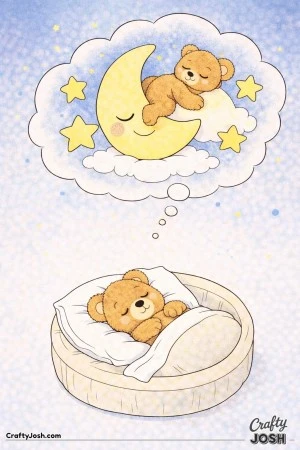 A sleepy teddy bear rests in a round bed while a dream cloud above shows the bear gently riding on a friendly moon surrounded by large stars