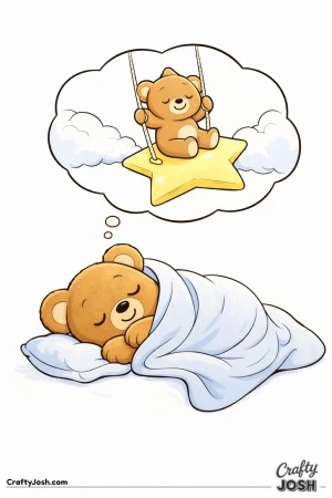 A sleepy teddy bear curls up under a blanket while a large dream bubble shows the bear gently rocking on a giant star surrounded by clouds