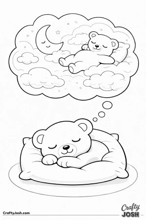 A sleepy teddy bear rests on a large pillow while a big dream cloud above shows the bear floating among fluffy clouds and a smiling moon