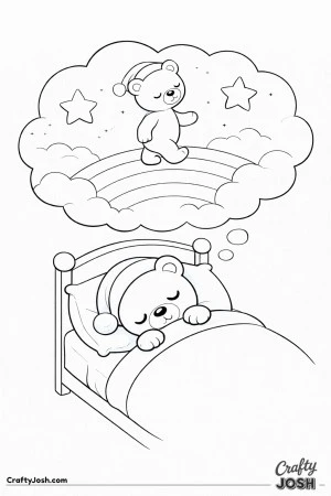 A sleepy teddy bear rests in bed while a dream cloud above shows it walking across a wide rainbow with stars nearby