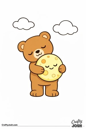 A sleepy teddy bear stands holding a round moon plush while two large clouds float in the background