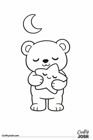 A sleepy teddy bear stands holding a large star close to its chest while a crescent moon floats above
