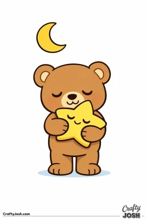 A sleepy teddy bear stands holding a large star close to its chest while a crescent moon floats above