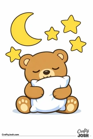 A soft teddy bear sits upright hugging a large pillow while a crescent moon and three big stars float above