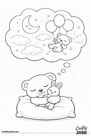 A sleepy teddy bear rests upright while hugging a plush toy as a large dream cloud above shows the bear floating with round balloons toward a smiling ..