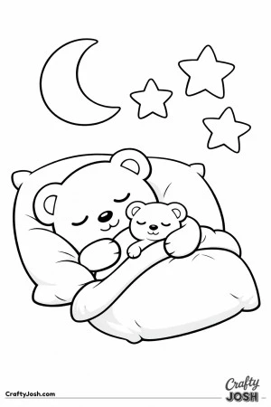 A sleepy teddy bear lies on a large pillow while hugging a smaller plush bear as a crescent moon and two stars shine above