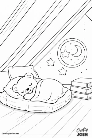 A sleepy teddy bear is curled up on a large cushion in a cozy attic nook with a round moonlit window and a stack of books nearby
