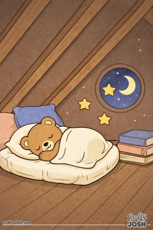 A sleepy teddy bear is curled up on a large cushion in a cozy attic nook with a round moonlit window and a stack of books nearby