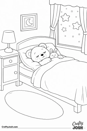 A sleepy teddy bear is tucked into bed beside a small plush bunny, with a lamp, moon picture, starry window, and oval rug completing the cozy bedroom ..