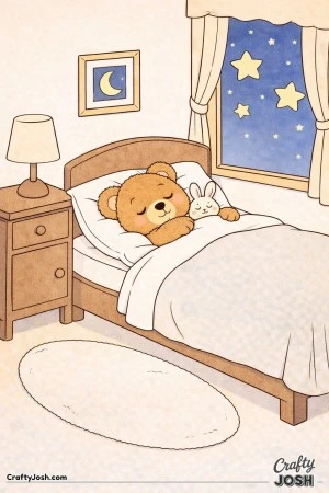 A sleepy teddy bear is tucked into bed beside a small plush bunny, with a lamp, moon picture, starry window, and oval rug completing the cozy bedroom ..