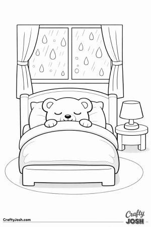 A sleepy teddy bear rests in a simple bed beneath a large window filled with big raindrops and framed by soft curtains, with a small nightstand and ..