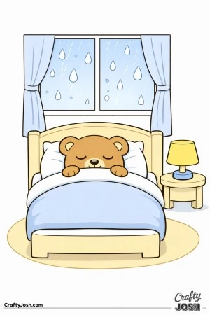 A sleepy teddy bear rests in a simple bed beneath a large window filled with big raindrops and framed by soft curtains, with a small nightstand and ..
