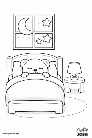 A sleepy teddy bear lies tucked into a rounded bed with a blanket pulled to its chin in a simple bedroom scene with a window, lamp, and rug