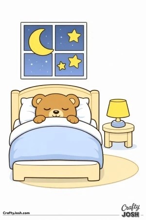 A sleepy teddy bear lies tucked into a rounded bed with a blanket pulled to its chin in a simple bedroom scene with a window, lamp, and rug