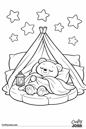 A sleepy teddy bear rests inside a cozy blanket fort on a large pillow with a lantern and oversized stars above