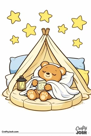 A sleepy teddy bear rests inside a cozy blanket fort on a large pillow with a lantern and oversized stars above