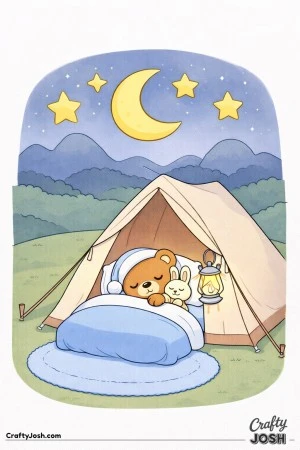 A sleepy teddy bear rests inside a camping tent on rolling hills with mountains, a crescent moon, stars, and a hanging lantern nearby