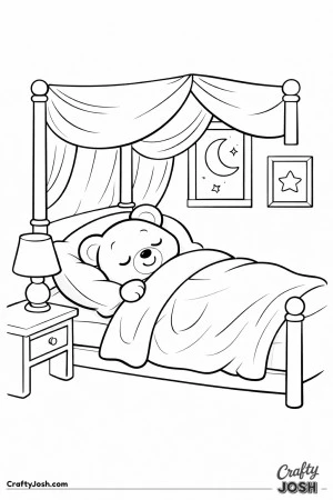 A sleepy teddy bear rests under a thick blanket in a simple canopy bed with a lamp, a window moon, and a framed star picture nearby