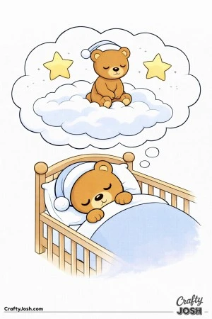 A sleepy teddy bear rests in a crib while a dream bubble above shows it sitting on a soft cloud with two large stars nearby