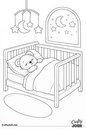 A sleepy teddy bear rests in a simple crib beneath a moon and star mobile, with a night sky window and soft rug completing the nursery scene