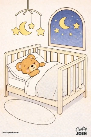 A sleepy teddy bear rests in a simple crib beneath a moon and star mobile, with a night sky window and soft rug completing the nursery scene