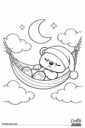 A sleepy teddy bear rests in a gently curved hammock suspended between two fluffy clouds with a crescent moon above